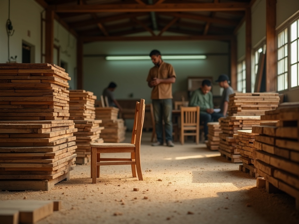 Indonesian wood and furniture workshop with stacked legal timber boards