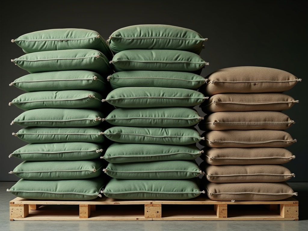 Stacked export bales of natural rubber sheets on a warehouse pallet