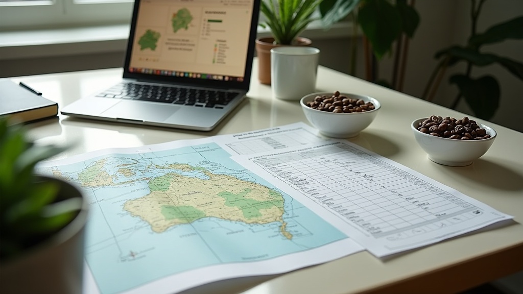 Indonesian exporter desk with plot-boundary map, coordinate printouts and coffee, cocoa and rubber commodity samples